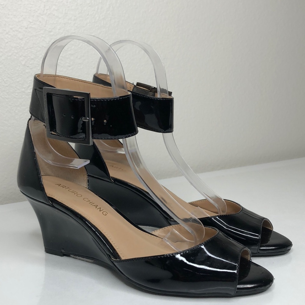 Arturo Chiang Black Patent Open Toe Wedge Heels